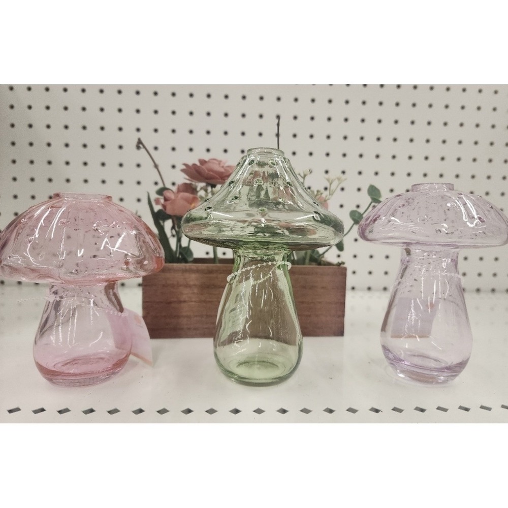 Vintage Glass Mushroom, Flower, Planter, Propagation Vases, SET OF 3 Pink Green